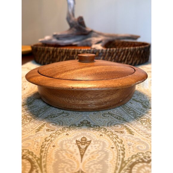 Vinage Teak Lidded Bowl Wide Lip Brim - Picture 2 of 5